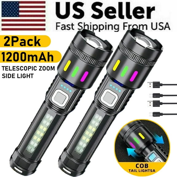 FungLam 2PACK 1200mAh Super bright Tactical Flashlight Most Powerful LED Military Torch USB Rechargeable With side light