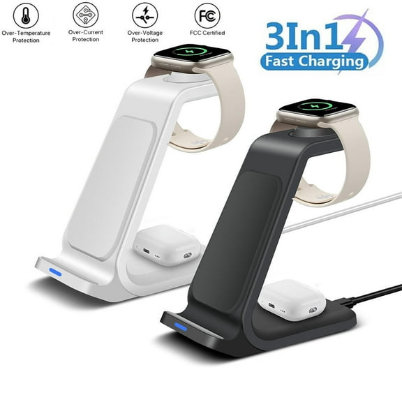 FungLam 3-IN-1 Fast Wireless Charger Station Dock For Apple Watch & iPhone 17 16 15 14 13 12 11 X Pro Max - Fast Charging Dock Compatible for Apple Watch & AirPods 4 3 Pro Black
