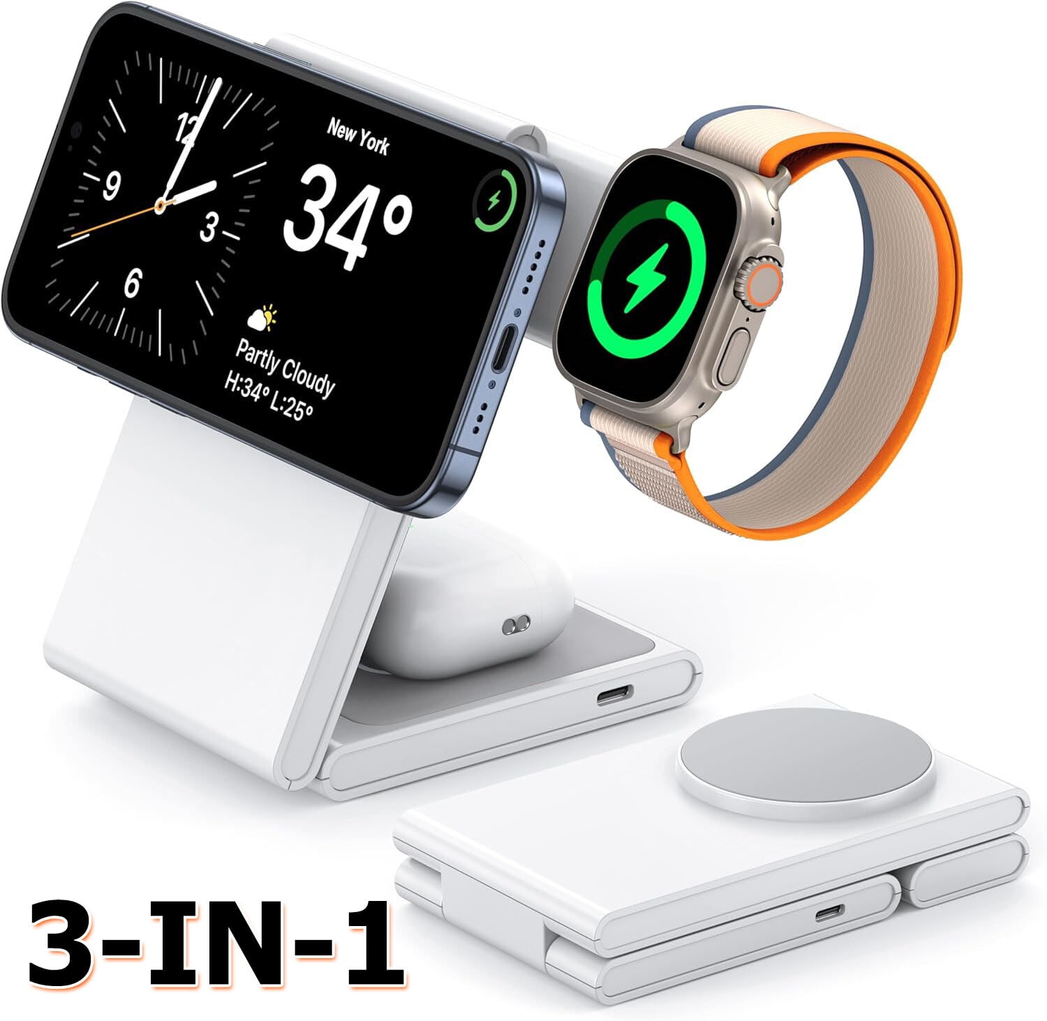 FungLam 3-IN-1 Fast Wireless Charger Station Foldable For Apple Watch & iPhone 17 16 15 14 13 12 11 X Pro Max - Fast Charging Dock Compatible for Apple Watch & AirPods 4 3 Pro White