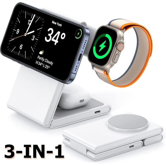 FungLam 3-IN-1 Fast Wireless Charger Station Foldable For Apple Watch & iPhone 17 16 15 14 13 12 11 X Pro Max - Fast Charging Dock Compatible for Apple Watch & AirPods 4 3 Pro White