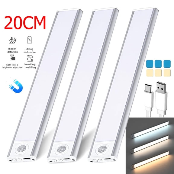 FungLam 3 Pack 20cm LED Under Cabinet Lights Rechargeable Motion Sensor 3 Color Dimmable Lamp