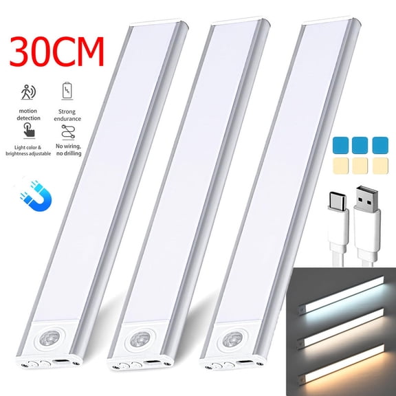 FungLam 3 Pack 30cm LED Under Cabinet Lights Rechargeable Motion Sensor 3 Color Dimmable Lamp