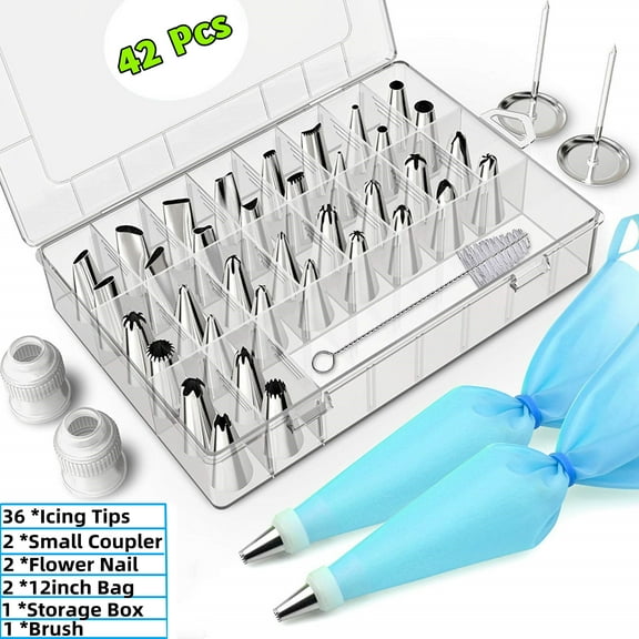 FungLam 42 Pcs Piping Bags and Tips Set Cake Decorating Supplies with 36 Numbered Icing Tips, 2 Silicone Pastry Bags, 2 Flower Nails, 2 Reusable Plastic Couplers Baking Frosting Tips and Bags Set