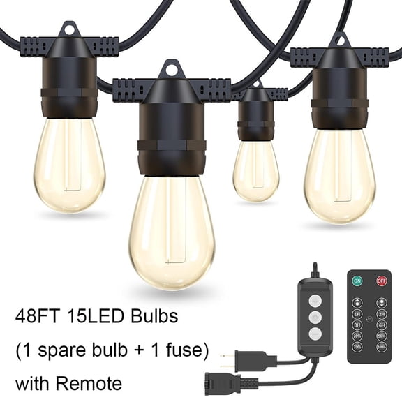 FungLam 48FT Outdoor String Lights shatterproof Patio Lights,Christmas decor,with remote control,15+1 LED Bulbs for Backyard,Garden,Porch