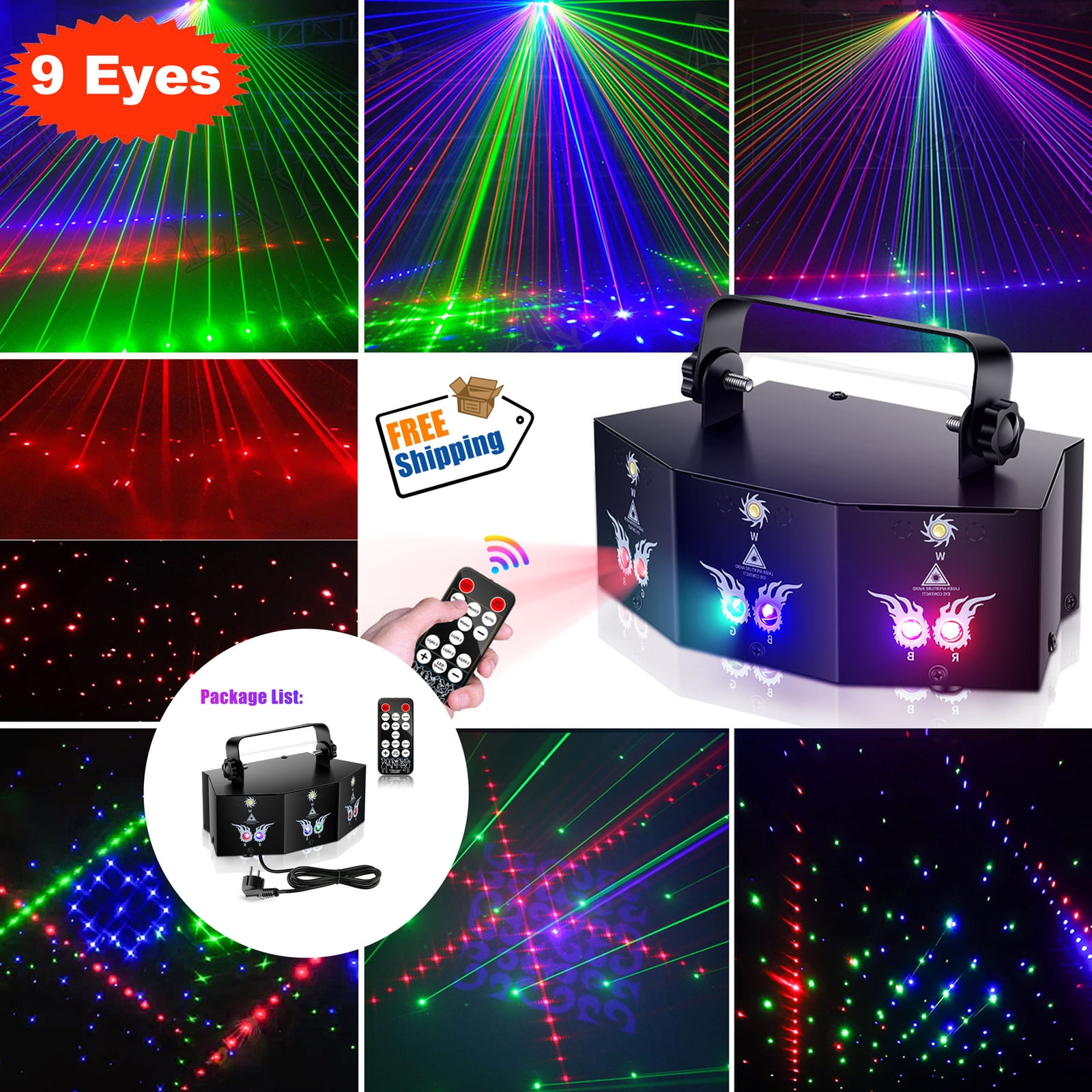 FungLam 9-Eye Projector Laser Light RGB DMX Strobe Beam Stage Lighting Party Club Lights