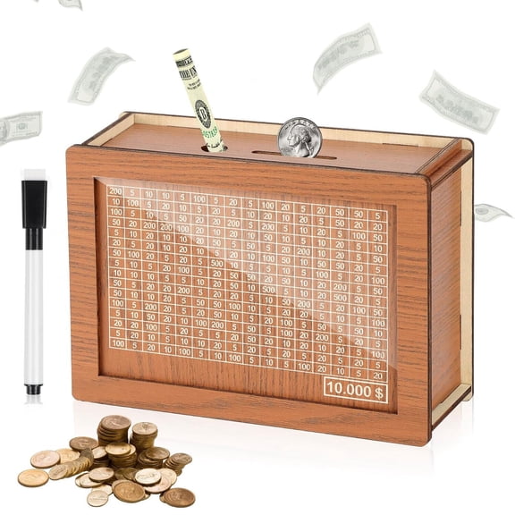 FungLam Cash Vault Wooden Savings Box Wood Cash Saver Money Saving Box $10000 Challenge-Lightbrown