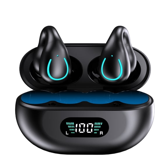 FungLam Clip on Earbuds Bluetooth 5.3, Open Ear earbuds Wireless with Mic, Wireless Bluetooth Earbuds with LED Display Charging Case for iPhone Android