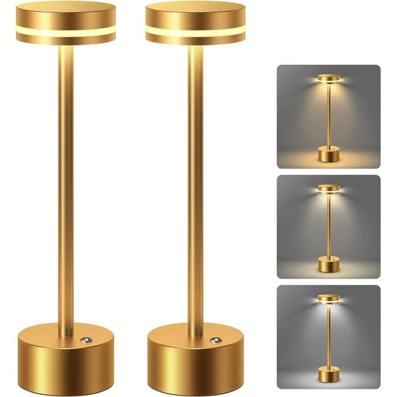 FungLam Cordless Metal Desk Lamp, Portable Touch Control LED Table Lamp with 3 Dimmable Color Settings, Rechargeable Light for Bedroom, Desk, Nursery, Cafe, Dining Room(2 Pcs Golden)