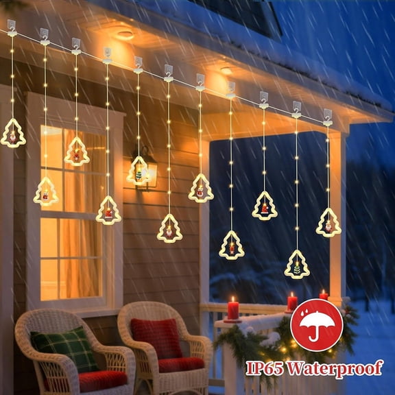 FungLam Fairy Christmas Curtain String Lights With Hanging Ornaments Elk,Snowman,Santa (Christmas Tree Shape-Warmwhite Light)