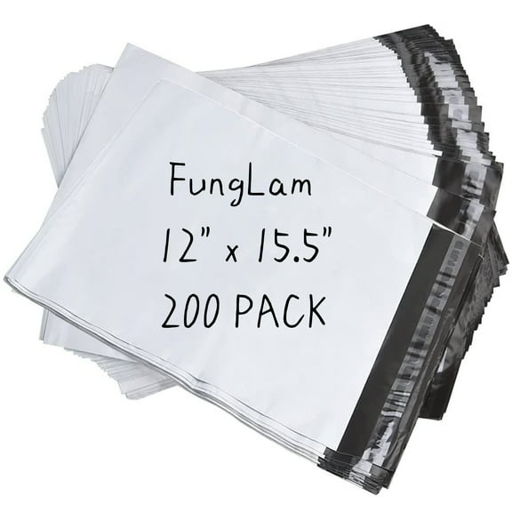 FungLam Poly Mailers 12"x15.5", 200 Pack Large Waterproof Poly Bags, Shipping Bags for Clothes, Self Sealing Plastic Mailing Bags