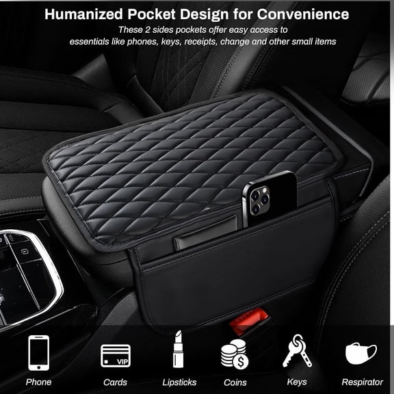 FungLam Upgraded Car Center Console Cover,Microfiber Leather Car Armrest Cover Cushion with 2 Storage Bags,Car Armrest Storage Box Car Interior Accessories for Most Vehicles (Black)