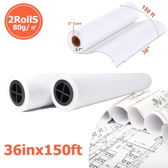 FungLam Wide Format Paper,2 Rolls Plotter Paper 36 In x 150 Ft, CAD Bond Rolls,20lb,Bond Paper on 2" Core for CAD Printing on Wide Format Ink Jet Printers