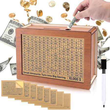 FungLam Wooden Money Box with 8 Saving Goals, Reusable Money Box with Counter 10000 5000 3000 2000 1000 500 Dollars, Countdown Money Saving Box Piggy Bank for Adults Kids