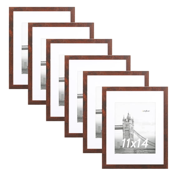 FungYuan 11x14 6 PACK Gallery Wall Picture Frames Set,11x14 Matted to 8x10 Wall Freames,Brown