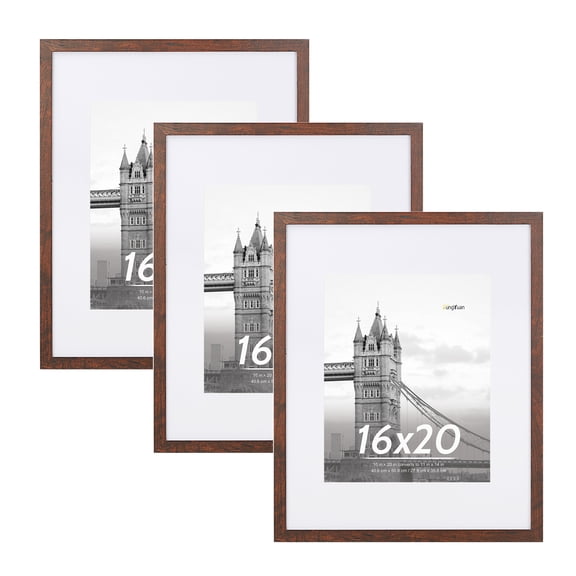 FungYuan 16x20 Wood Picture Frames,Gallery Wall Poster Frames Set of 3,16x20 Matted to 11x14 Wall Frames,Brown
