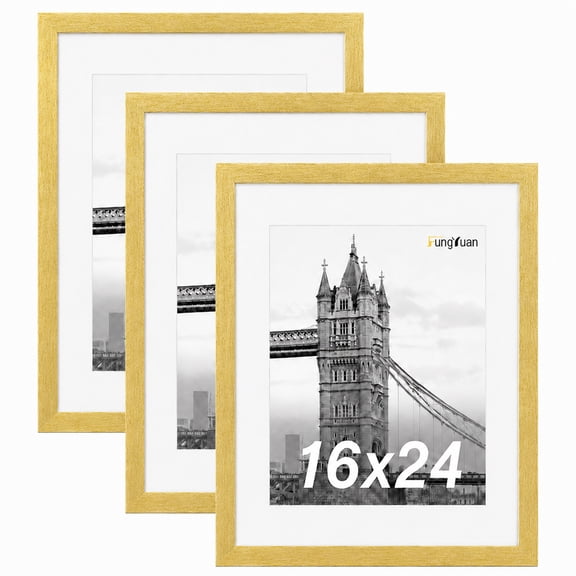 FungYuan 16x24 Gold Picture Frames Set of 3, Matted to 12x18 Wall Poster Frames for Photos, Prints, Artwork and Gallery Wall Decor