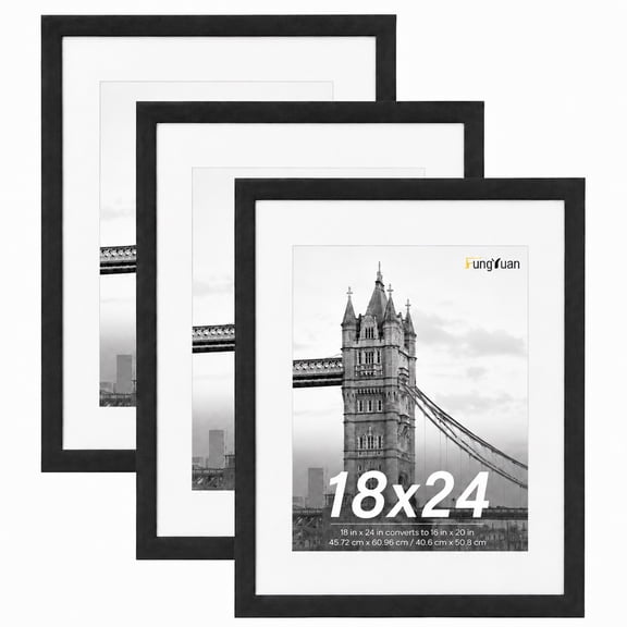 FungYuan 18x24 Black Picture Frames Set of 3, Matted to 16x20 Wall Poster Frames for Photos, Prints, Artwork and Gallery Wall Décor