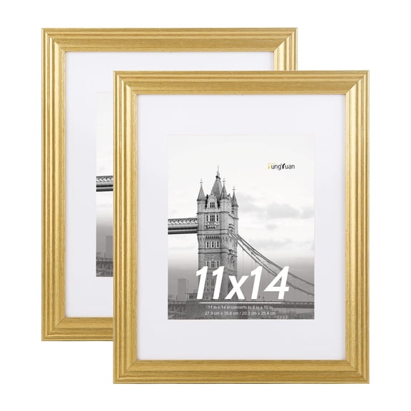 FungYuan 2PACK 11x14 Wood Picture Frame , Display Photo 11x14 Matted to 8x10 Wall Frame, Gold