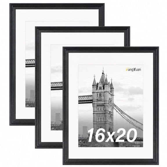 FungYuan 3 PACK 16x20 Wooden Picture Frame set made of clear acrylic, Matted to 11x14 Wall Poster frame, Gallery Wall Poster Frames,Black