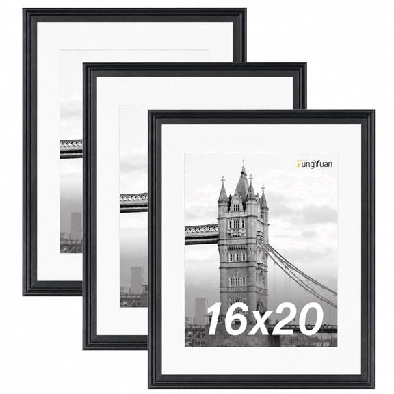 FungYuan 3 PACK 16x20 Wooden Picture Frame set made of clear acrylic, Matted to 11x14 Wall Poster frame, Gallery Wall Poster Frames,Black