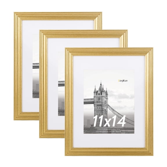 FungYuan 3PACK 11x14 Wood Picture Frame , Display Photo 11x14 Matted to 8x10 Wall Frame, Gold