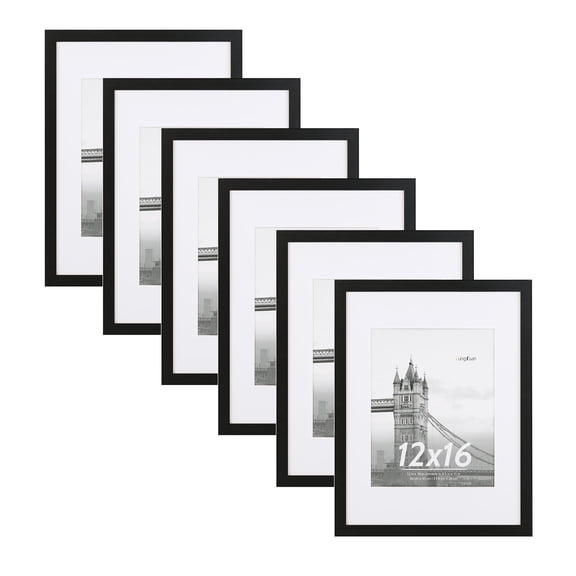 FungYuan 6 PACK 12x16 Wood Gallery Picture Frames Set,12x16 Matted to 8.5x11 Wall Frames,Black