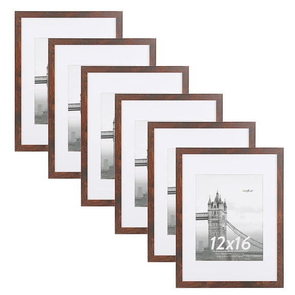 FungYuan 6 PACK 12x16 Wood Gallery Picture Frames Set,12x16 Matted to 8.5x11 Wall Frames,Brown
