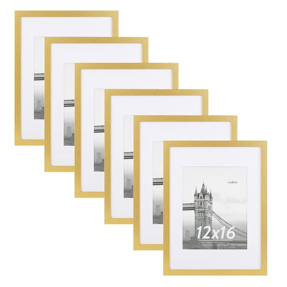 FungYuan 6 PACK 12x16 Wood Gallery Picture Frames Set,12x16 Matted to 8.5x11 Wall Frames,Gold
