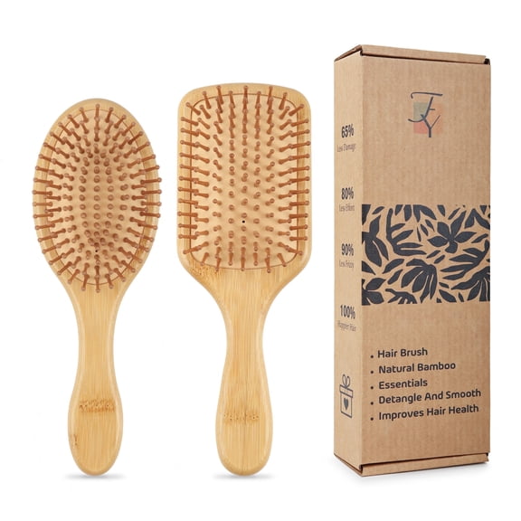 FungYuan Hair Brush Set of 2, Natural Bamboo Hair Brushes, Massage Scalp, Exfoliate, Remove Tangles
