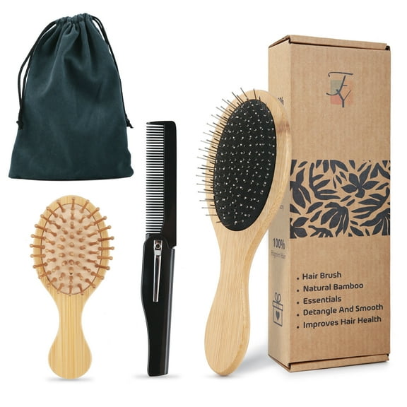 FungYuan Hair Brush Set of 3, Bamboo Steel Detangling Brushes, Exfoliates, Detangles and Straightens Hair