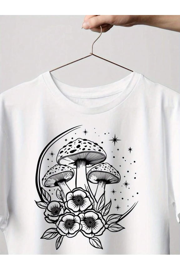 Fungi And Flowers Pattern Art, Relaxed Fit Shirt, Men T Shirt, Comfortable For Standing And Enjoying Live Music, Casual T-Shirt Graphic Tees, 100 Percent Cotton Shirts, White Street Graphic Tees, Men