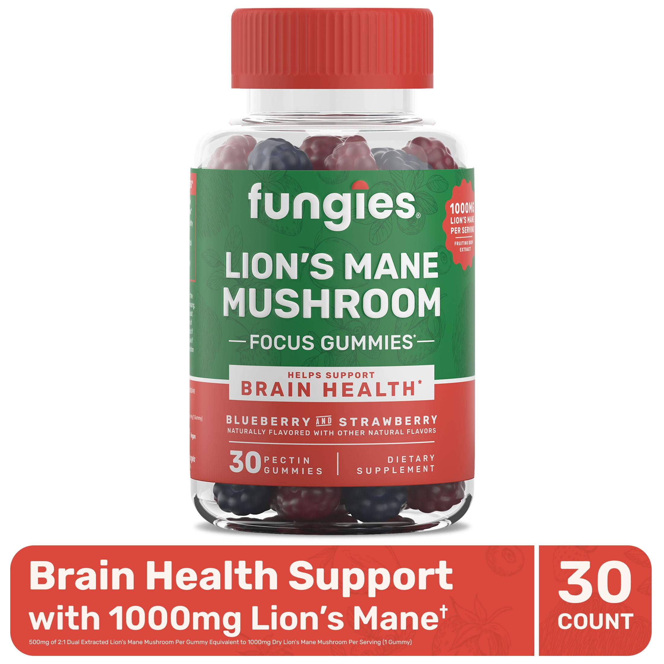 Fungies Lion's Mane Mushroom Supplement Gummies for Brain Health, Focus, & Memory Support, Blueberry & Strawberry Flavor, 30 Count