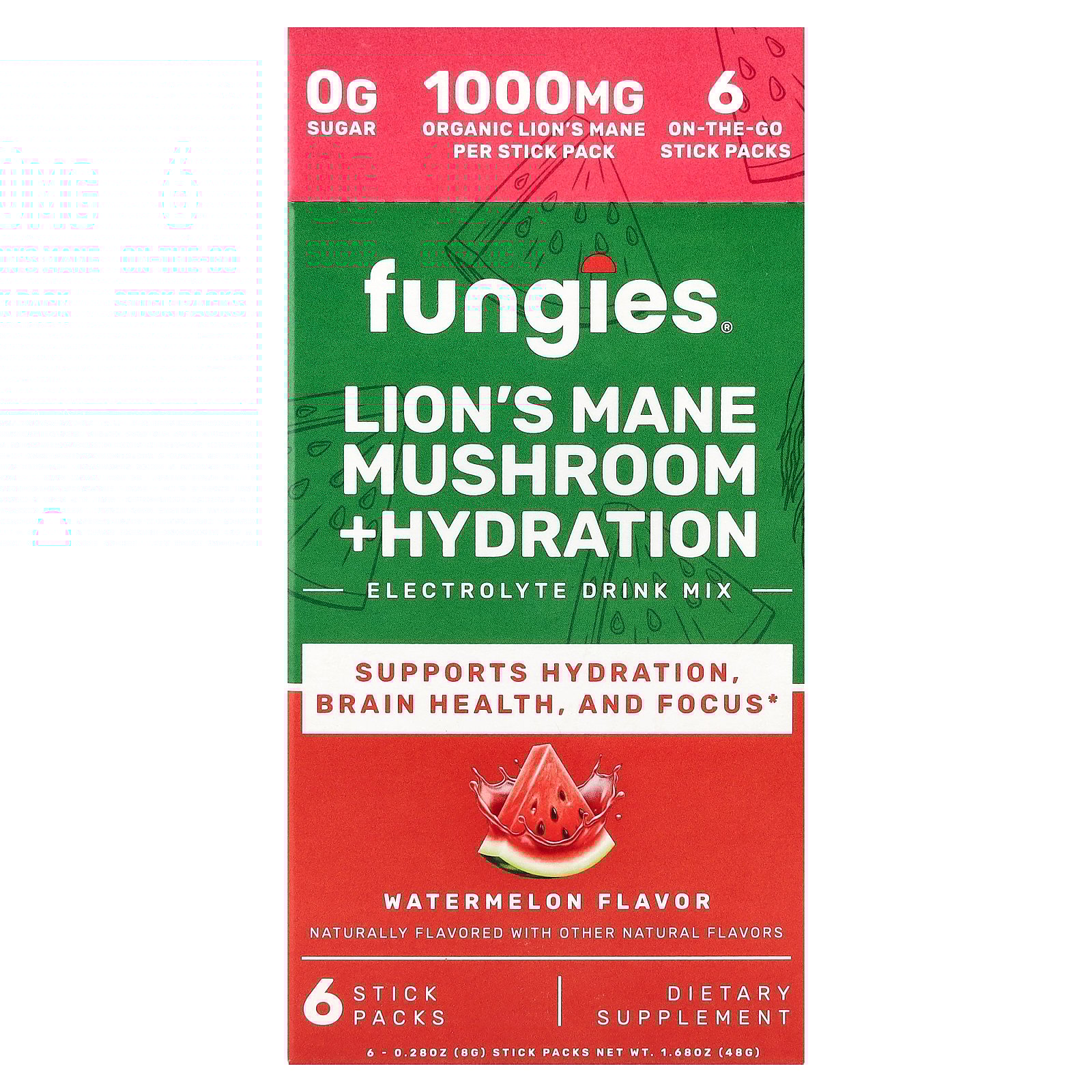 Fungies Lion's Mane Mushroom + Hydration, Electrolyte Drink Mix, Watermelon, 6 Stick Packs, 0.28 oz (8 g) Each