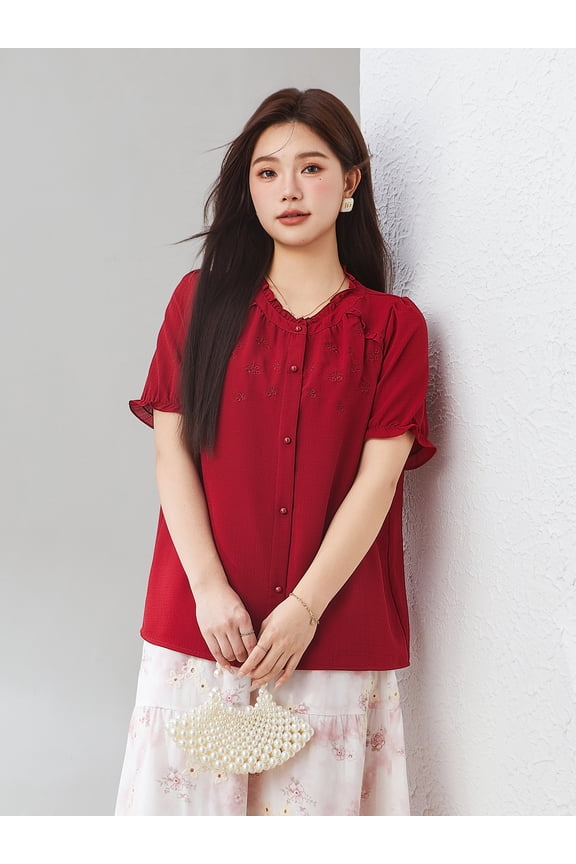 Fungus collar niche embroidered chiffon blouse