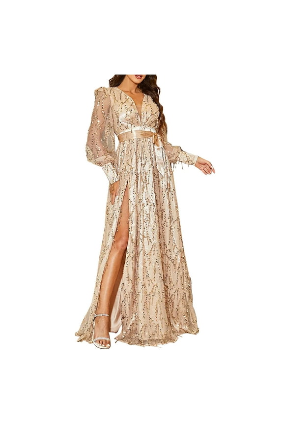Funicet Evening Dresses for Women Deep V Long Sleeve Sequins Waist High Split Evening Dresses Gold 2XL