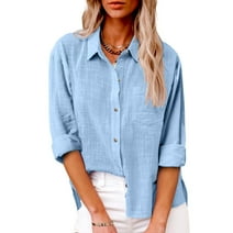 Funicet Fall Fashion Cotton Linen Button Down Shirts for Women Classic Solid Color Lapel Long Sleeve Tops Casual Loose Comfy Blouse Tunic Tops Light Blue 2XL