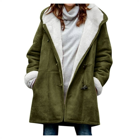 Funicet Fuzzy Coat Women Winter Plus Size Solid Plus Velvet Coat Long Sleeve Horn Buckle Pocket Overcoat Tops Army Green 2XL