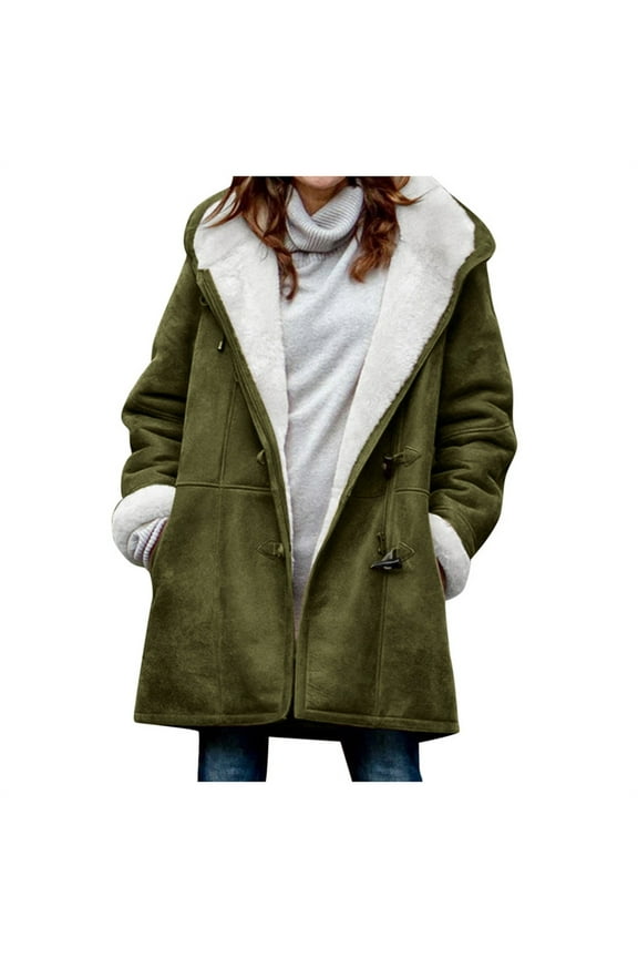 Fuzzy Coat Women Winter Plus Size Solid Plus Velvet Coat Long Sleeve Horn Buckle Pocket Overcoat Tops Army Green 2XL