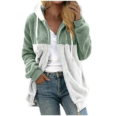 Funicet Gifts savings Deals! Plus Size Coats for Women Warm Loose Plush Zipper Hooded Coat Color Block Printed Drawstring Sweaters Shacket Jacket for Fall, Winter