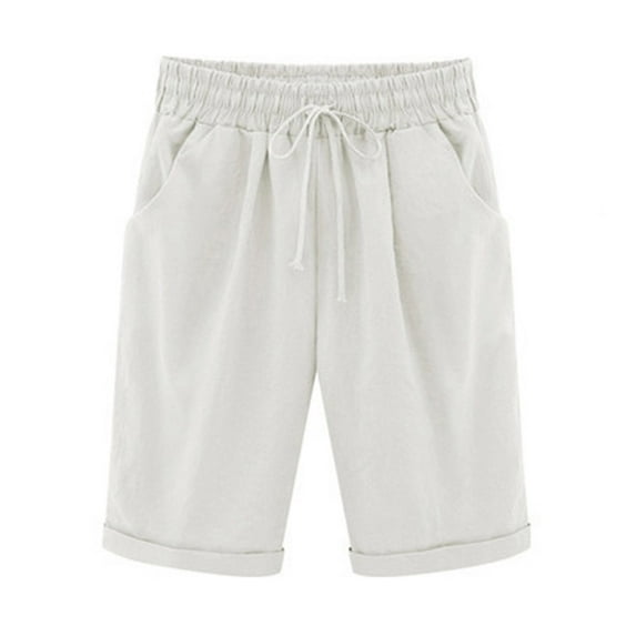 Funicet Holiday Savings! Plus Size Bermuda Shorts for Womens Summer Clothes Solid Workout Biker Shorts Cotton Linen Shorts Elastic Waist Drawstring Running Casual Shorts With Pockets
