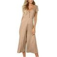 thumbnail image 1 of Funicet Jumpsuits for Women Casual Solid V-neck Button Cut Open Back Casual Short Sleeved Jumpsuit Khaki L, 1 of 5
