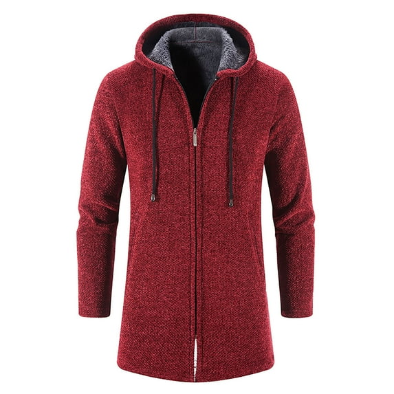 Funicet Men Trench Coat Men's solid color hooded jacket windbreaker mid-length hooded jacket Casual Red L