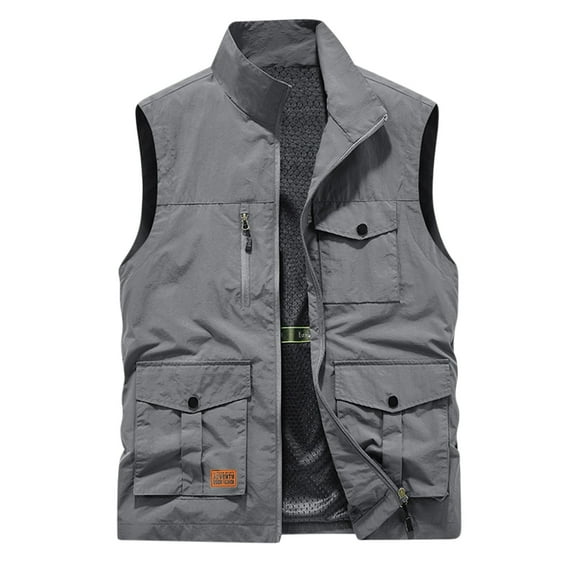 Funicet Men's Outerwear Vests Men's Thin Sports Round-Neck Sleeveless Multi-bag Casual Loose Vest Mountaineering Tooling Outdoor Vest Jackets Gray XL