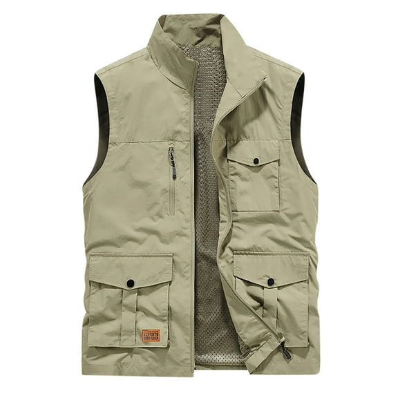 Funicet Men's Outerwear Vests Men's Thin Sports Round-Neck Sleeveless Multi-bag Casual Loose Vest Mountaineering Tooling Outdoor Vest Jackets Khaki L