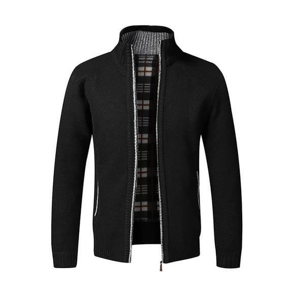 Funicet Men's Winter Cardigan Casual Stand Collar Hoodless Zipper Double Pockets Plush Thickened Sweater Shirt Slim Coat Long Sleeved Hoodless Casual Coat Jacket Black M