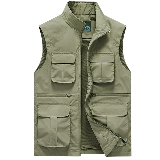Funicet Men's Work Fishing Vests Lightweight Safari Travel Hunting Waistcoat With Multi-Pockets Khaki 2XL