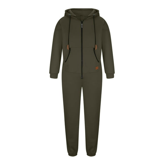 Funicet Mens Jumpsuit Overalls Hooded Zip Drawstring Pocket Hoodie Solid Color Long Sleeve Trousers Jumpsuit Army Green XL