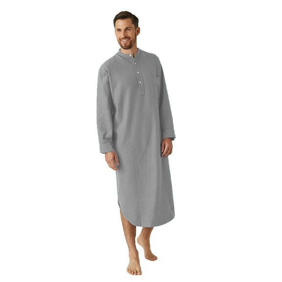 Funicet Mens Robe Men's Long-Sleeved Button-Down Color Printed Shirt Stylish Nightgown Gray M