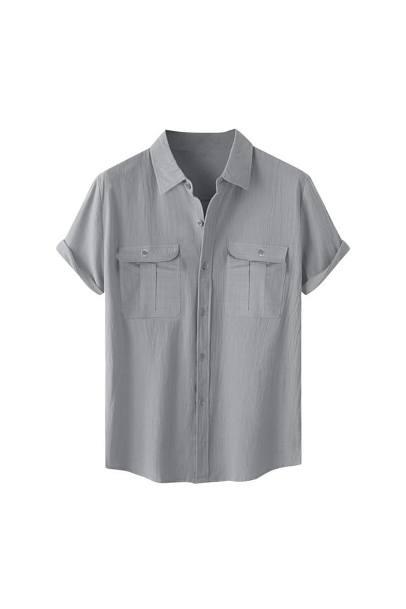 Mens Short Sleeve Button Down Shirts Men's Fashion Vacation Solid Color Cotton Linen Double Pocket Casual Shirts Short Sleeves Gray 4XL