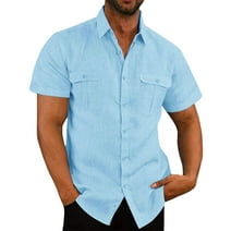 Funicet Mens Short Sleeve Button Down Shirts Men's Fashion Vacation Solid Color Cotton Linen Double Pocket Casual Shirts Short Sleeves Light Blue 3XL